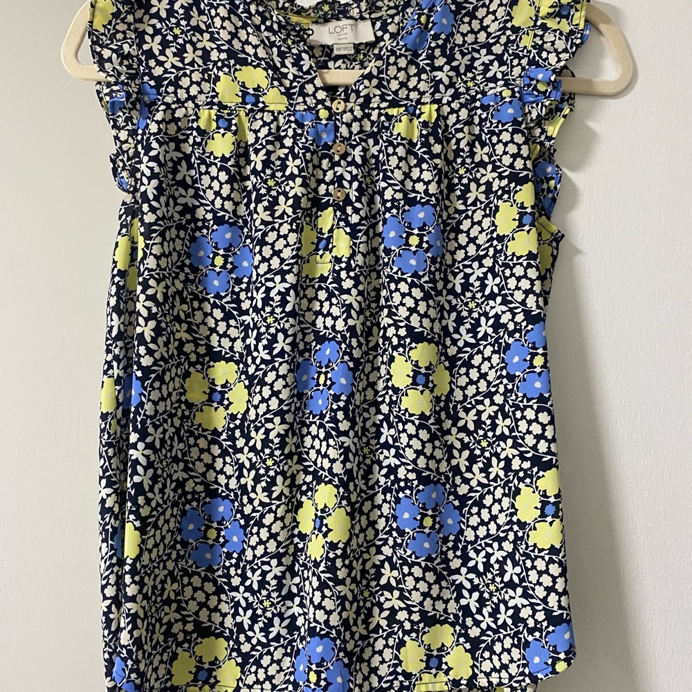 LOFT Blue and Yellow Ruffled Sleeveless Blouse